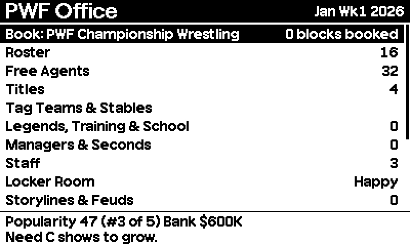 The office menu: book the show, roster, free agents, titles and more