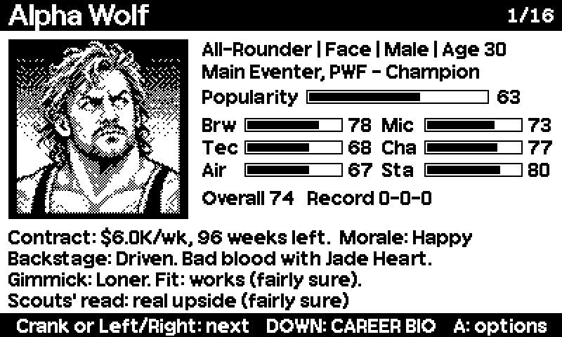 A wrestler's profile: portrait, skills, contract and backstage notes