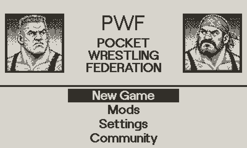The title screen: two wrestlers either side of the words Pocket Wrestling Federation, above the menu
